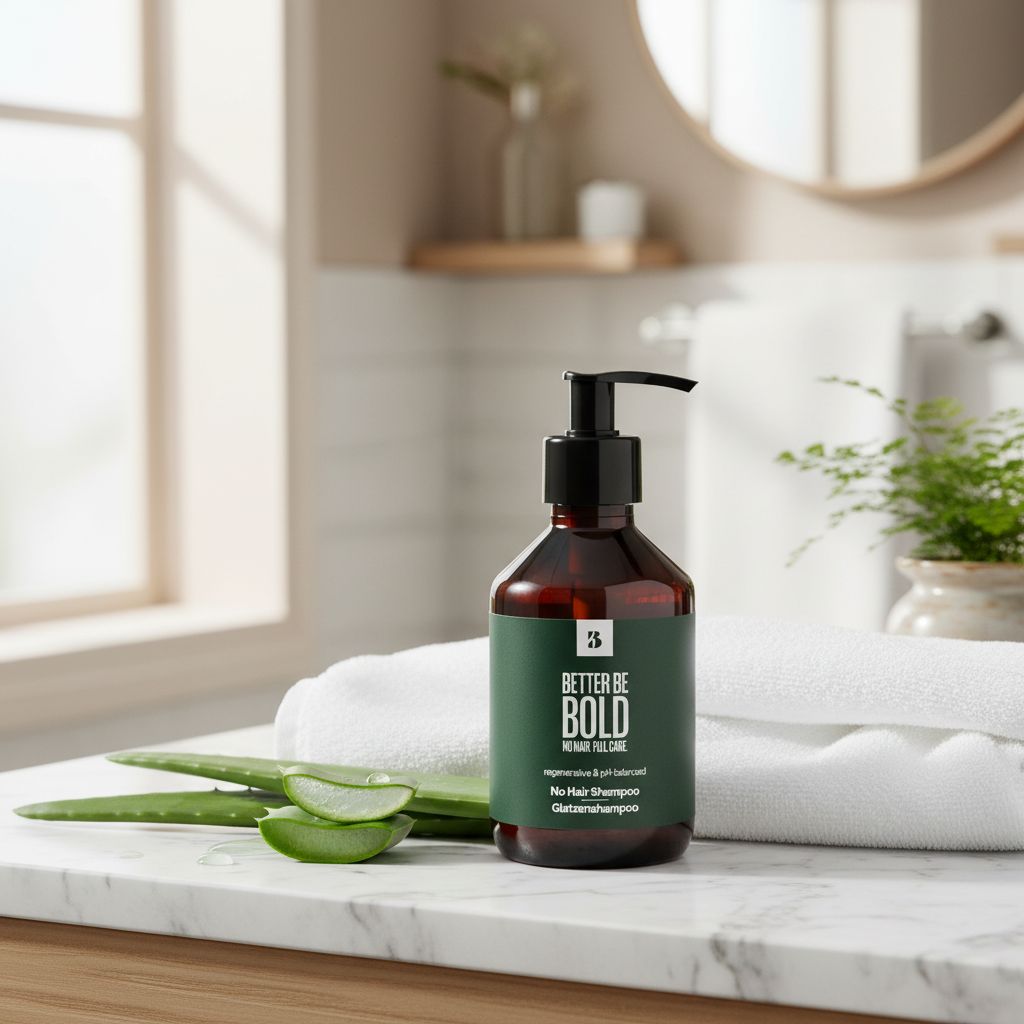Pflegendes Glatzenshampoo in luxuriösem Badezimmer